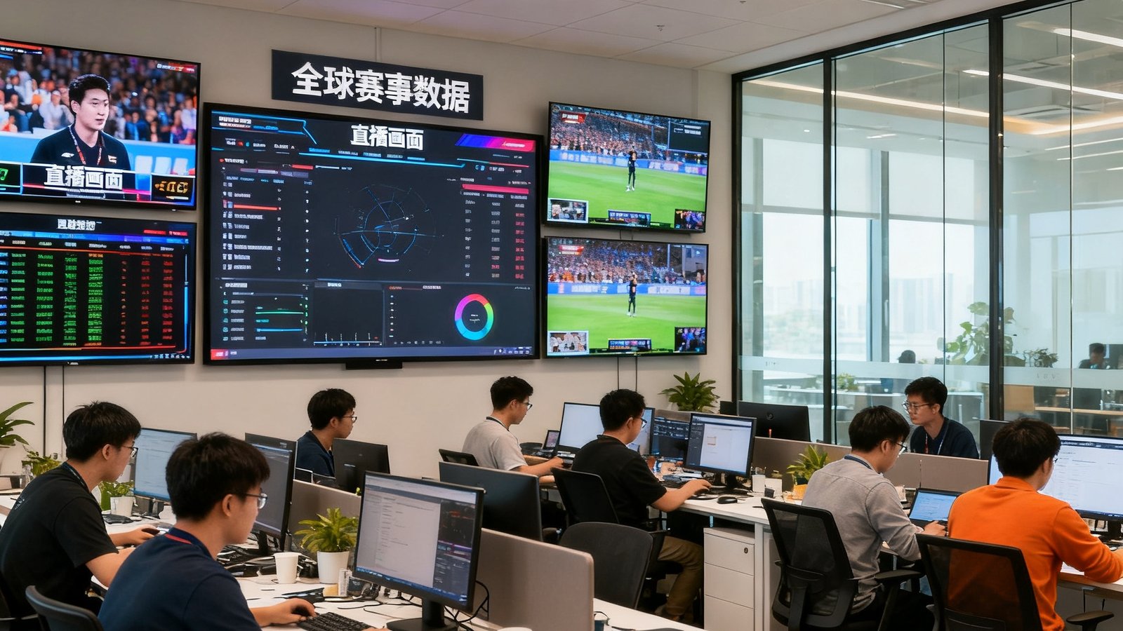 看个球北京总部开放式办公室内，数十名工程师和产品设计师在明亮的空间中协作，墙上多块大屏幕实时显示全球赛事数据和直播画面，氛围专注而充满活力